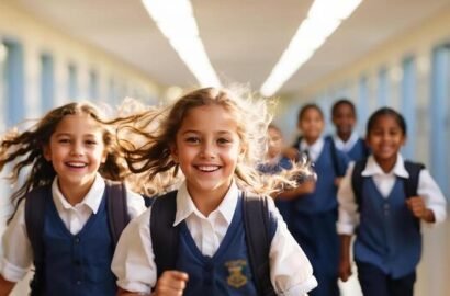 ai-generated-happy-schoolchildren-running-along-the-corridor-photo ai-generated-happy-schoolchildren-running-along-the-corridor-photo